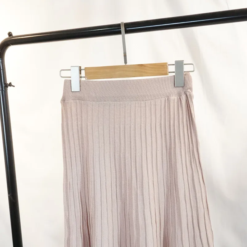 Новая женская трикотажная юбка осень зима эластичные трикотажные юбки с высокой талией трапециевидная Женская плиссированная юбка длинная юбка миди AB1063