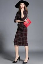 2016 Autumn and Spring Scottish tartan Collar British Style Red Tartan Plaid Belted Slim Waist Cotton Office Wear Pencil Dress