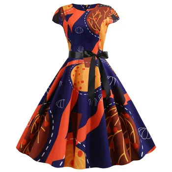 

Pumpkin Print Halloween Dress Women 2019 Summer O Neck Short Sleeve Party Dress robe femme Elegant Vintage Dresses Plus Size