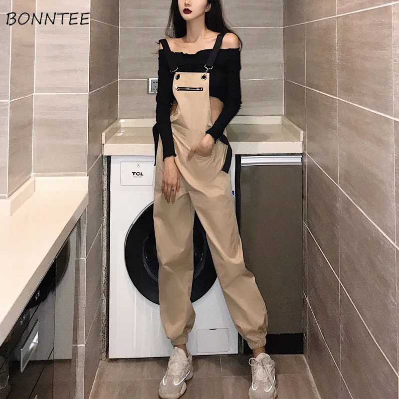 

Jumpsuits Women Strap Slim Thin Zipper Korean Style Retro Trendy All-match Casual Womens Jumpsuit Solid Pockets Student Trousers