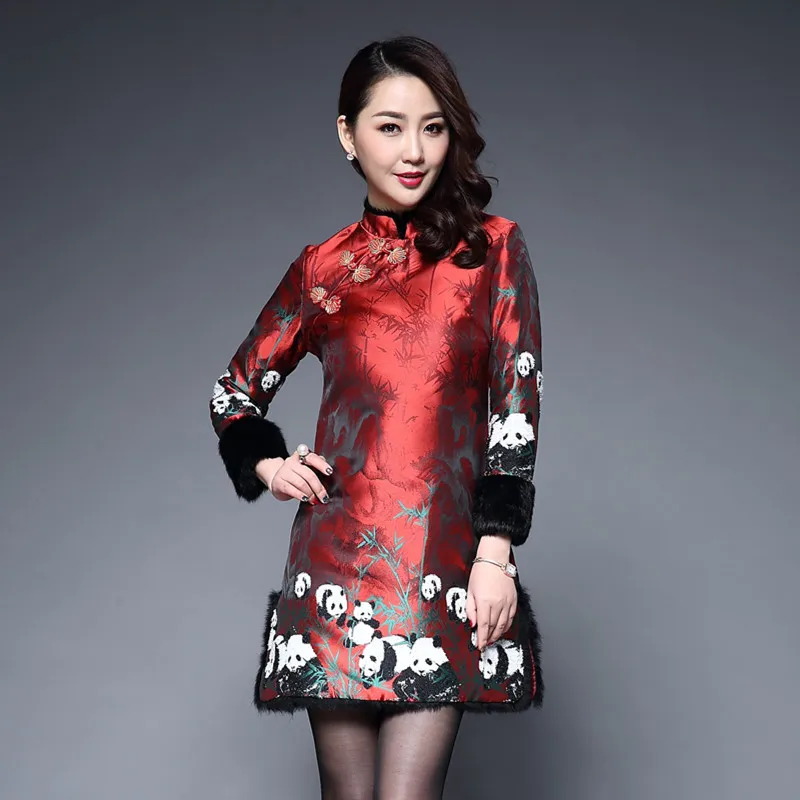 

Long Sleeve Winter Qipao Keep Warm Mom Dress Satin Cheongsam Cotton Red Chinese Traditional Women Qi Pao Oriental Style Dresses