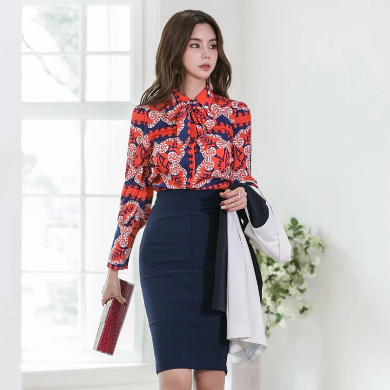 

Fashion women elegant comfortable new arrival temperament print red basic shirt and slim skirt trend cute 2 pieces set