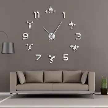 

Weightlifting Fitness Room Wall Decor DIY Giant Wall Clock Mirror Effect Powerlifting Frameless Large Wall Clock GYM Wall Watch