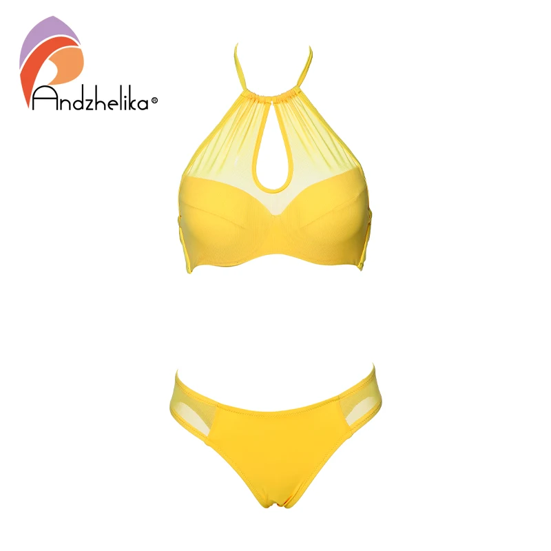 Andzhelika Sexy malla sólida Bikinis 2019 mujeres traje de baño Push Up Bikini conjunto sin tirantes traje de baño femenino Monokini AK1902