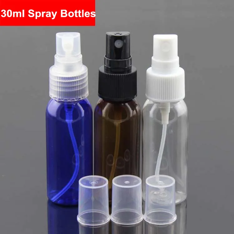 

100 X 1OZ(30ML) Transparent/Blue/Amber Refillable Plastic Fine Spray Bottle Perfume Cosmetic Atomizers PET Spray Bottles Pump