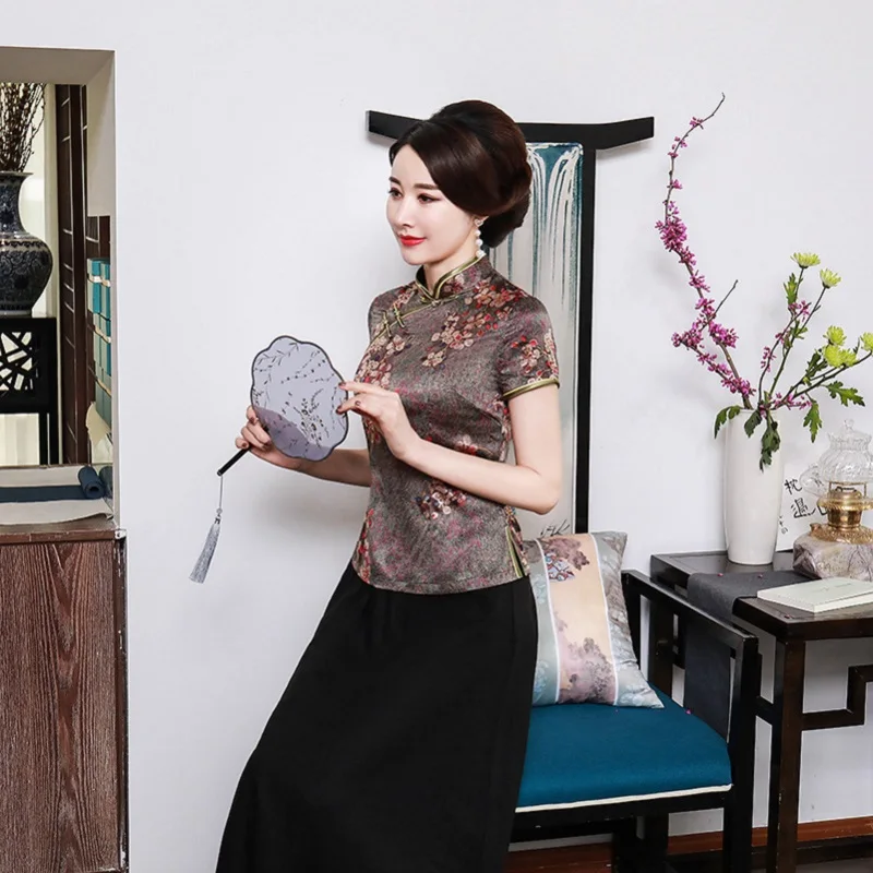 Китайский мандарин летние топы женские шелковые футболки Выпускной костюм S-4XL - Цвет: 1