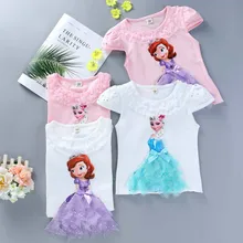 Летняя футболка принцессы для девочек Детские хлопковые футболки с изображением Эльзы и Анны, кружевная футболка детская одежда с короткими рукавами и 3D-принтом для дня рождения