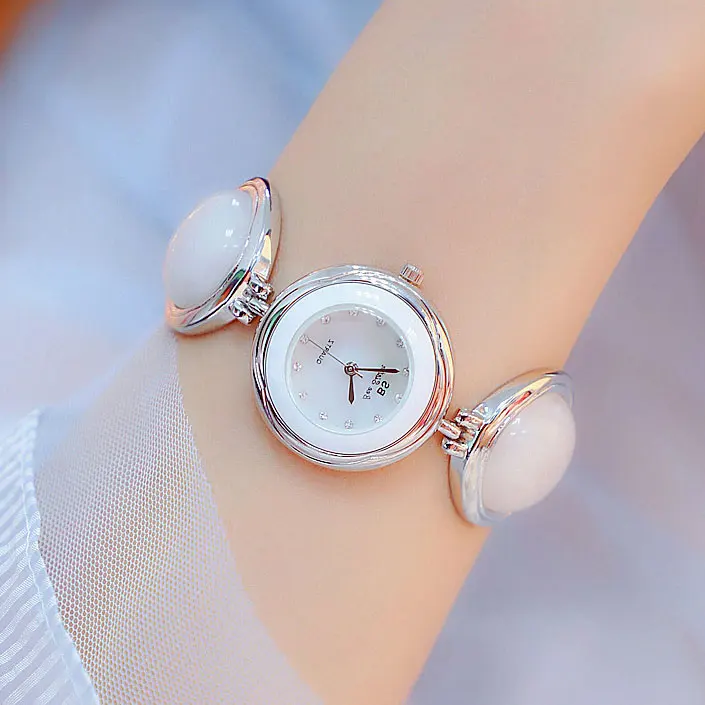 Часы женские золотые винтажные роскошные часы женские часы-браслет Дамский бренд класса люкс из нержавеющей стали с натуральным камнем - Цвет: white