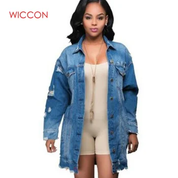 

Boyfriend Wind Jean Jacket Loose Long Sleeve Female Coats Large Size Female Autumn Winter Women Hole Denim Jacket
