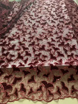 

Wine Red Gold Line High Quality Sequins Velvet Lace Fabric 2019 Embroidered Tulle Trim Heavy Lace Fabric For Dresses Wedding