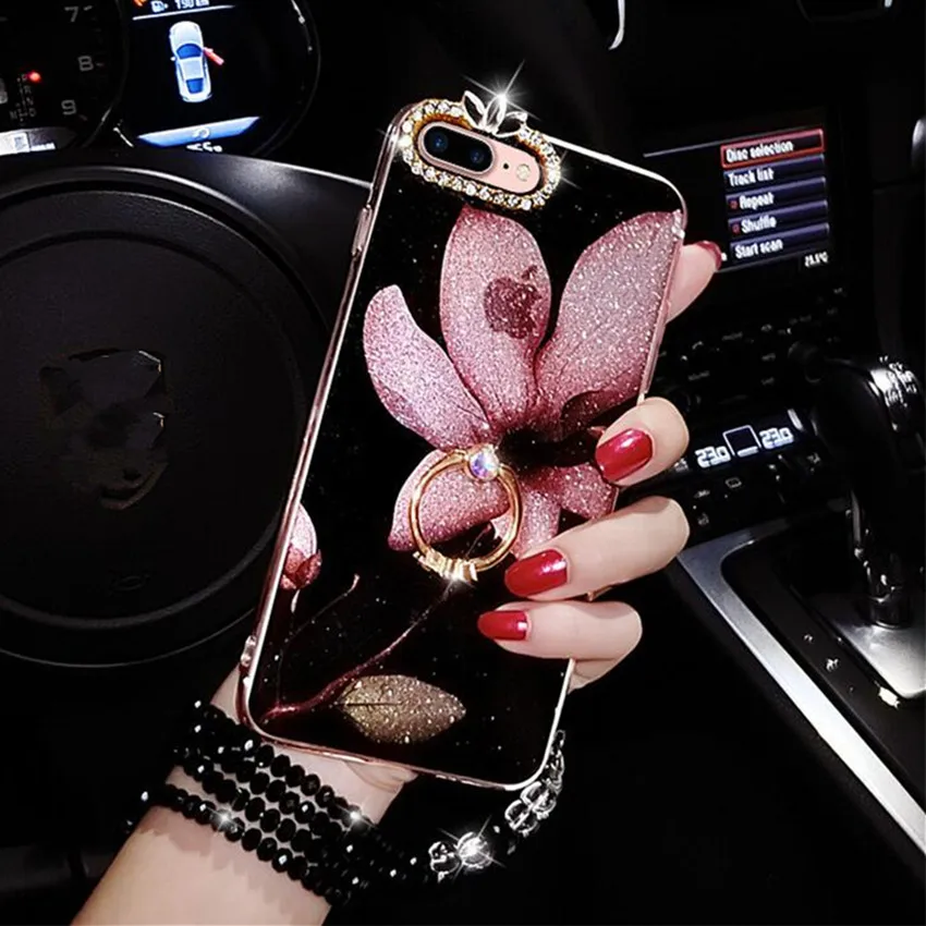

Fashion Flower Diamond Finger Ring Grip Holder Stander Phone Cases Cover for iPhone 7 8Plus Xs 6Plus 6sPlus Soft TPU Back Case