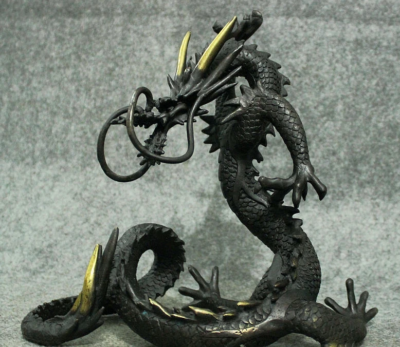 

10" Old Chinese FengShui Bronze Gilt Ferocious terrible Exorcism Dragon Statue