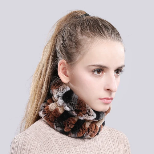 Women Real Fur Handmade Stretch Fur Scarf Knit Genuine Rex Rabbit Fur Headbands Girls Natural Fur Ring Cowl Snood Scarves Winter - Color: color 35