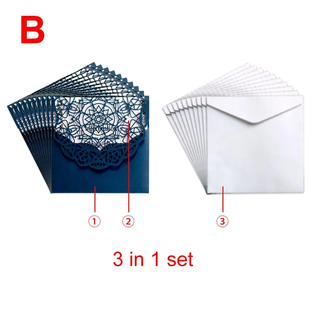  10pcs/lot Elegant Hollow Laser Cut Wedding Invitation Card White Navy Blue Envelope Invitation Card - 32904576254