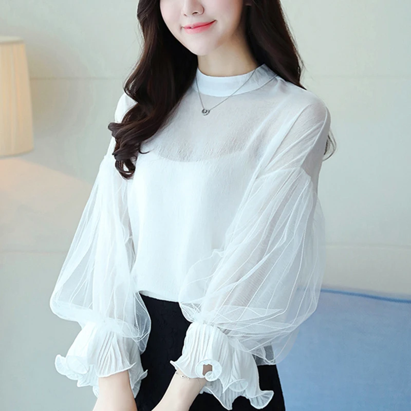 Женская шифоновая блузка с рукавами фонариками и круглым вырезом|chiffon shirt tops|chiffon