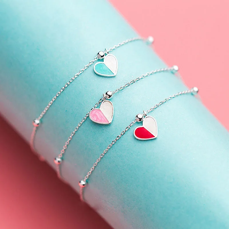 

Sweet Splicing Color Heart Bell Solid 925 Sterling Silver Adjustable Bracelet