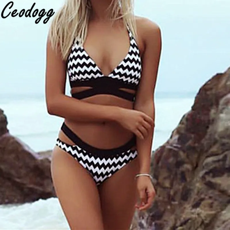 

CEODOGG 2019 New Wave Stripped Bikini Set Swimsuit Bathing Suit For Women Bandage Bikini Swimwear CB717