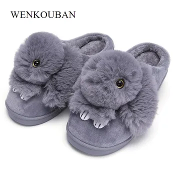 

Women Home Slippers Cute Rabbit Winter Flat Slippers Warm Furry Plush Indoor Shoes Ladies Fur Slides Pantoufle Femme 2020