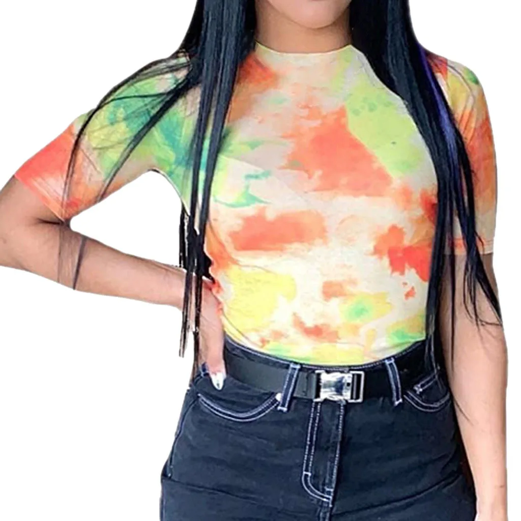

SAGACE Fashion Womens Tshirts 2019 Tie dyeing Print Tops Gradient O-Neck Short Sleeve T-Shirt Women Harajuku Women Tumblr Tees