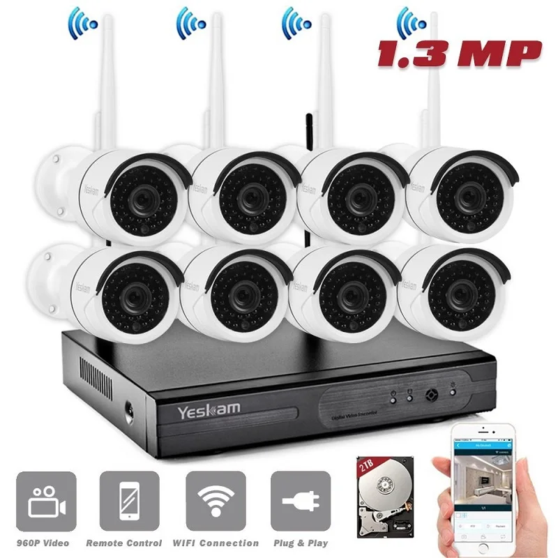 

YESKAM 8CH Wireless Security System 960P Weatherproof IP Camera Infrared IR-LED Night Vision Remote View on Smartphone
