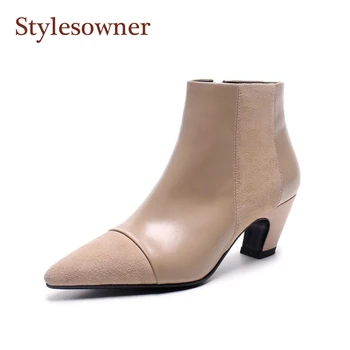 

Stylish Autumn Winter Season Boots For Women Black Beige Elegant Patchwork Pointed Toe Short Bootie High-heel Motorcycle Boots