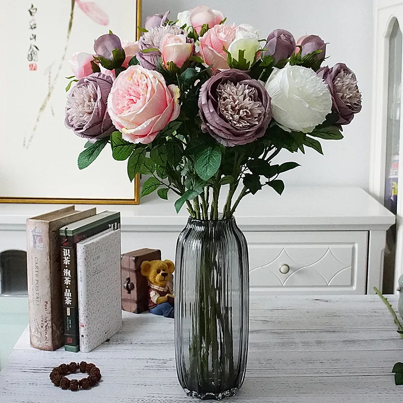 Highly recommend 2Heads Artificial rose branch Simulation peony flowers flores for autumn home hotel wedding decoration rose