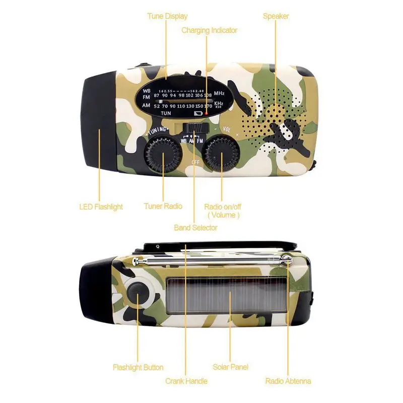 ABHU-Аварийное радио, Динамо выживания солнечной рукоятки само мощность ed AM/FM/NOAA погода радио со светодиодный фонарик 1000 мАч Мощность