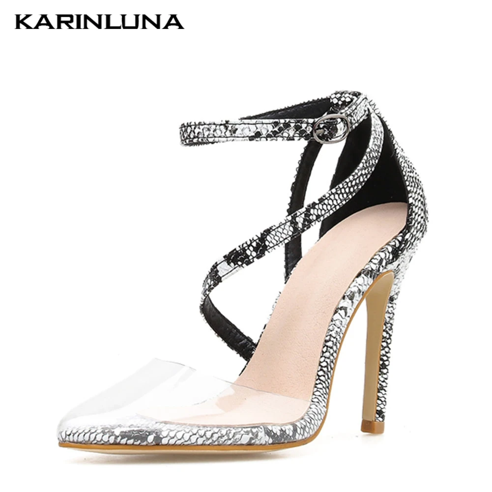 

Large Size 42 Sexy PVC Thin Heeled Pointed Toe Sandals Women Shoes Summer Party Snake Veins High Heels Sandals Women Shoes