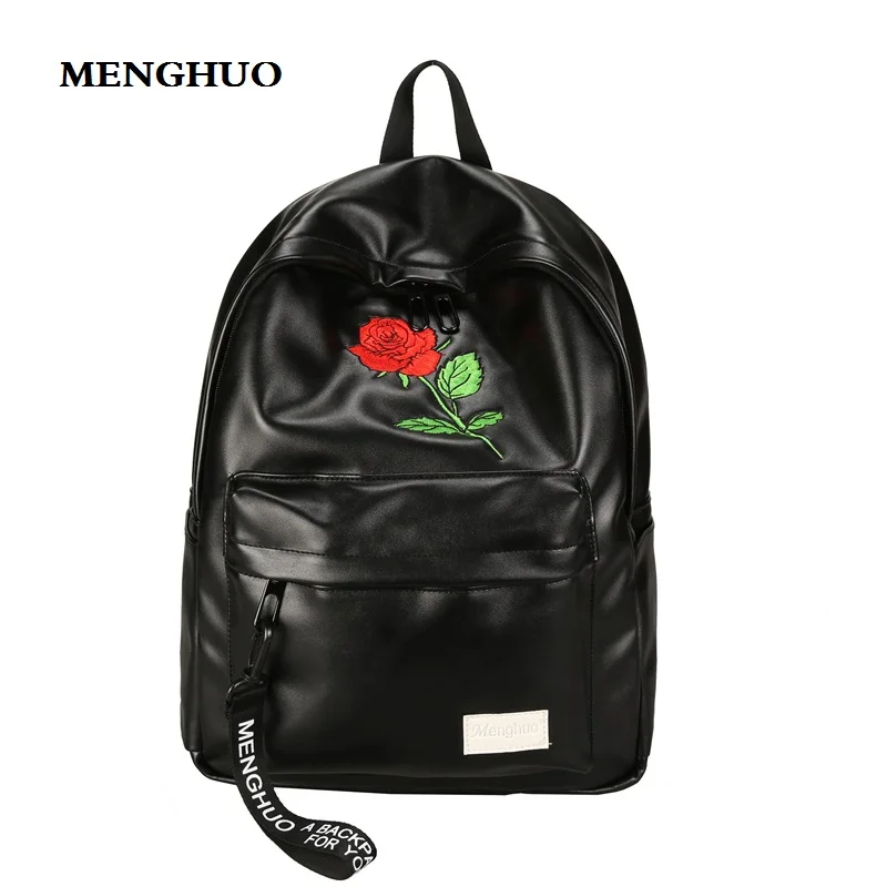 

MENGHUO 2017 Brand Backpack Black Women Backpacks Solid Vintage Soft PU Leather Embroidery School Bag For Teenage Girls Bolsas