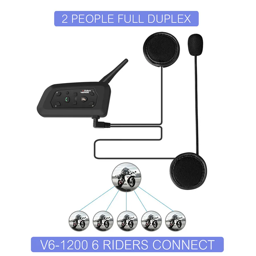 VNETPHONE 2 шт беспроводной Bluetooth мотоциклетный шлем Интерком 1200 м 6 райдеров Переговорная гарнитура поддержка gps Мобильный коммуникатор
