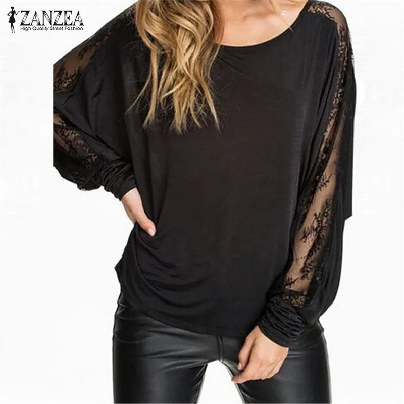 ZANZEA Plus Size Women Stitching Lace Blouse 2019 Spring Autumn Sexy Shirt Backless Long Batwing Sleeve Tops Casual Blusas Mujer
