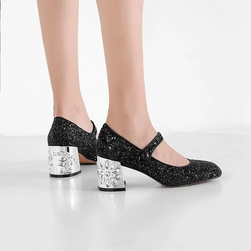 Paillettes Zvq Dehors Mode Carré Black Femmes Nouveau Peu Chaussures Printemps Haute Pompes Talons Bout Sexy 2019 En Tissu Profonde Sabot De qrx0grwU