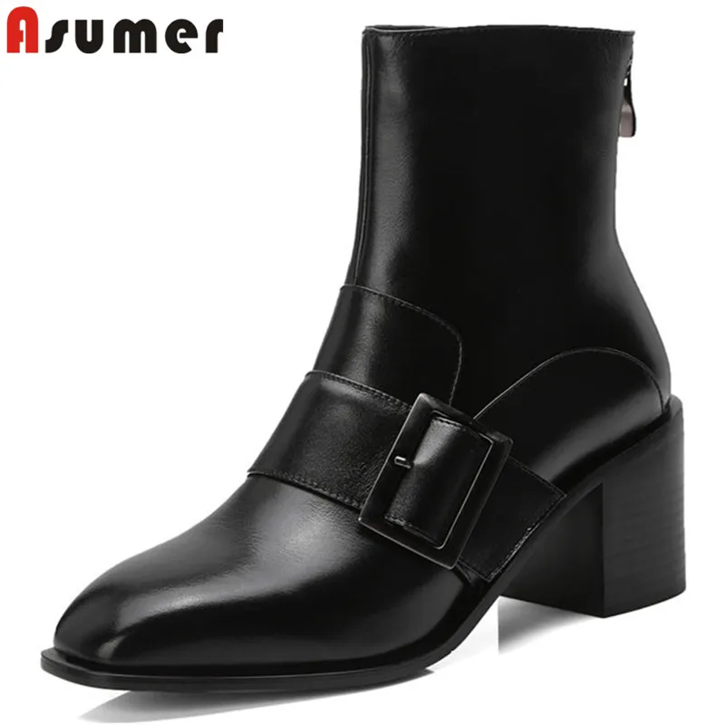 

ASUMER 2020 new arrival shoes woman square toe ankle boots zip buckle genuine leather boots square heel boots women black