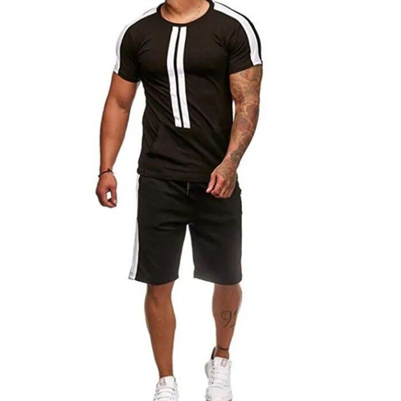 

2019 Hot style men's sports casual short-sleeved suit outdoor casual plain color T-shirt men's personality patchwork suit