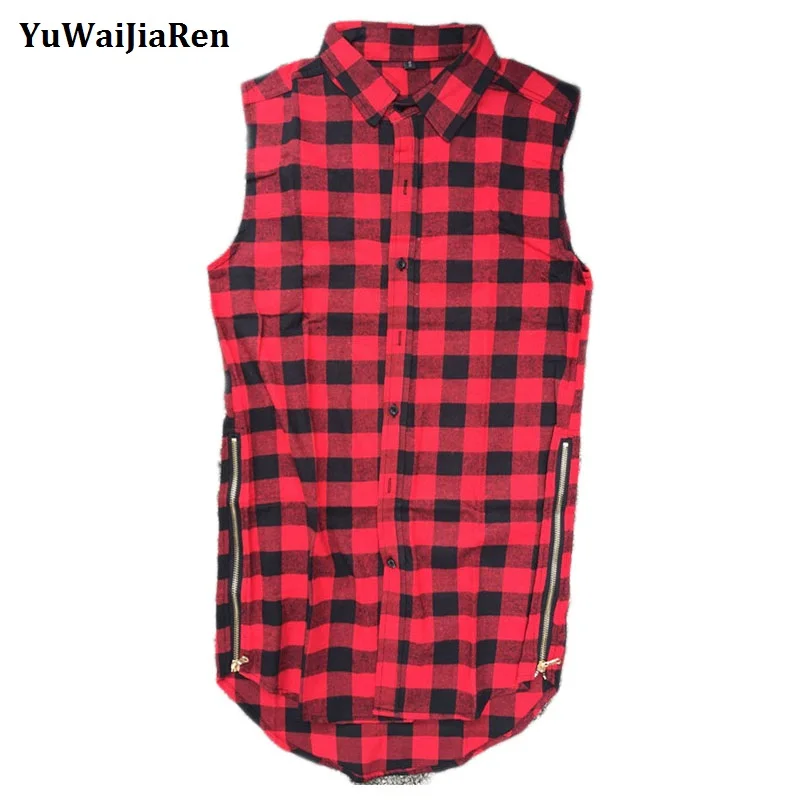

YuWaiJiaRen Tyga L K Hip hop gold side zipper oversized plaid flannel shirt tee men casual red plaid tartan last king Tee shirt