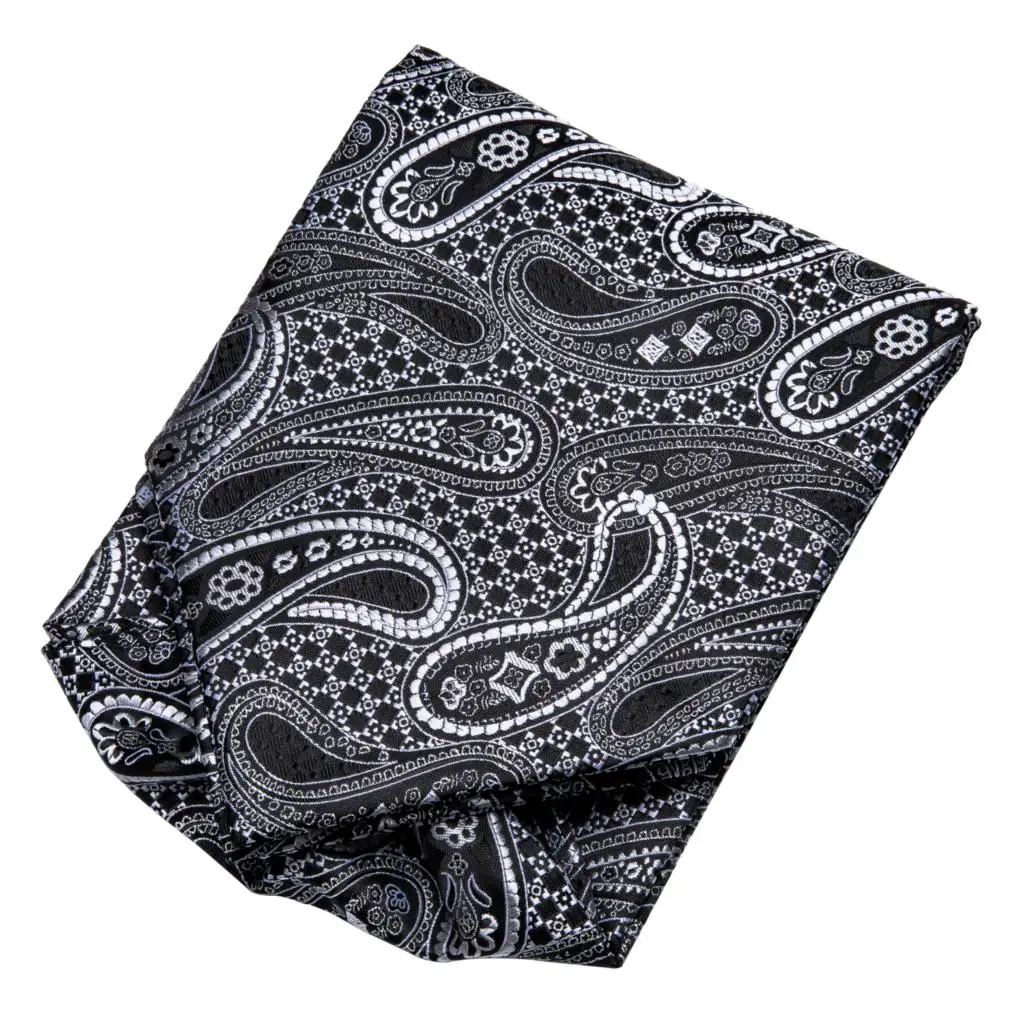 Men Ascot Tie Black Cravat Floral Silk Scarf Ties Plaid Pocket Square Cufflink Set Designer for Party Wedding Tie Hi-Tie AS-1009