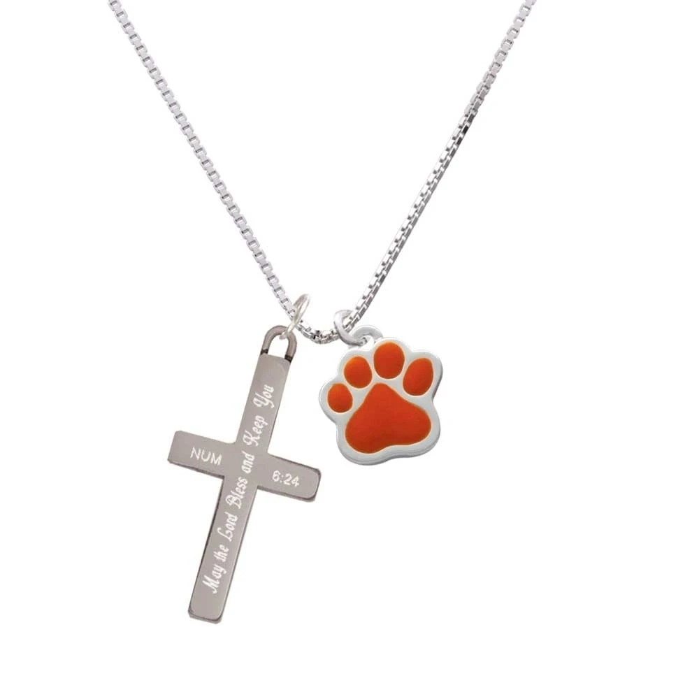 Large Orange Paw - Bless and Keep You - Cross Necklace