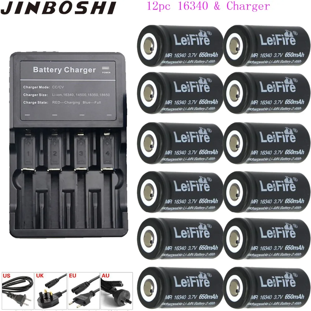 12pcs 3.7V CR123a Rechargeable lithium ion battery CR 123A 650mAh 16340
