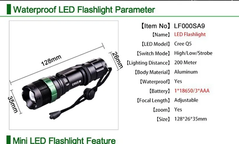 Светодиодный светильник-вспышка, фонарь с зумом, 2000 люменов, CREE Q5, портативный светильник-вспышка, масштабируемый мини-фонарь светильник, водонепроницаемый, 3 режима, для 1x18650, 3xaaa