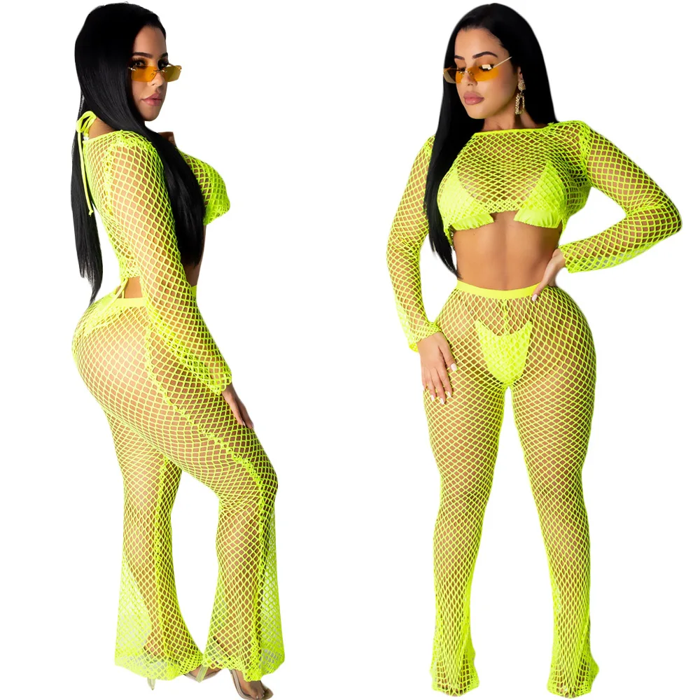 

2019 Neon Fishnet Mesh Sheer Two Piece Set Women Summer Clothes Backless Crop Top and Pant Sexy 2 Pice Swim Beach Outfits