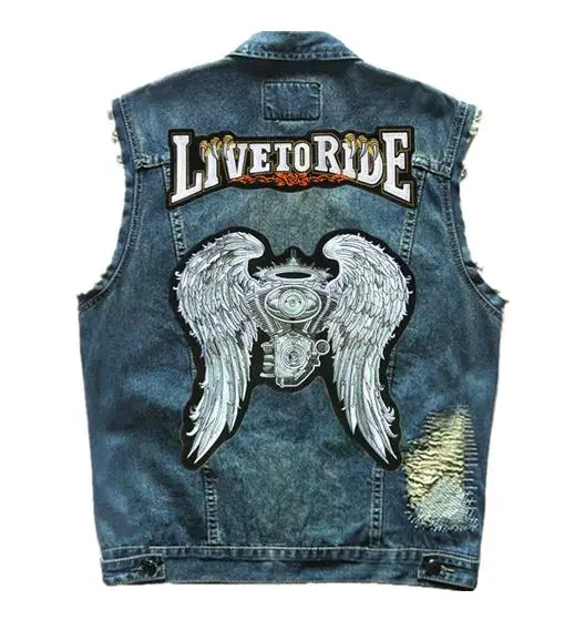 Engine Wings Embroidered Patches Motorcycle Denim Vest Men's Distressed