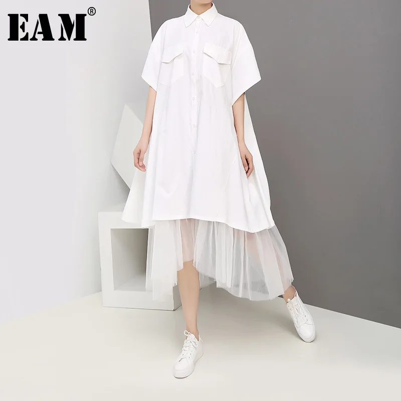 

[EAM] 2019 New Spring Summer Lapel Half Sleeve White Hem Mesh Split Joint Loose Big Size Shirt Dress Women Fashion Tide JW791