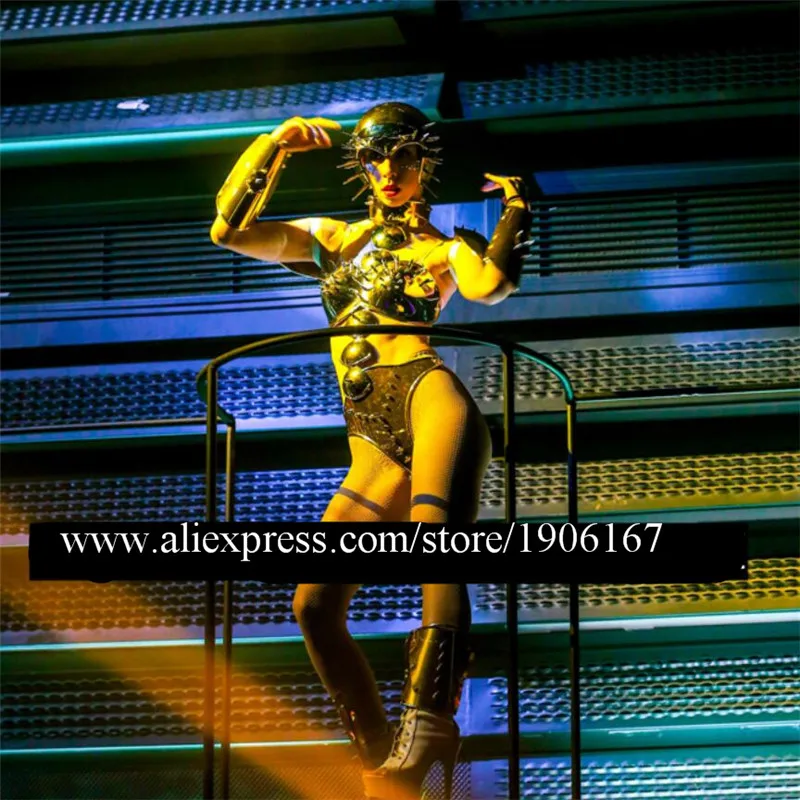 Singer robot women suit dance stage costumes catwalk show dress rivets bodysuit gold mirror clothes party models dress club5