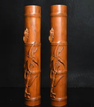 

wedding decoration 9 Chinese Boxwood wood Carved cicada Bamboo Statue paperweight letterweight Pair