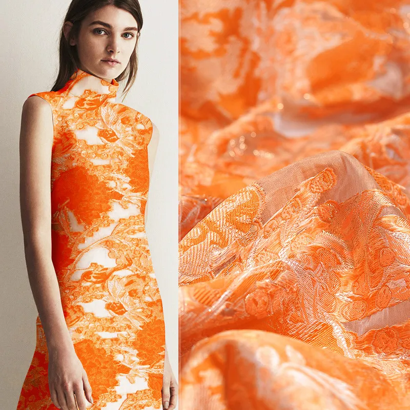 

New orange jacquard fabric brocade fashion 145cm wide high-end fashion fabric clothing cloth gold thread brocade dress