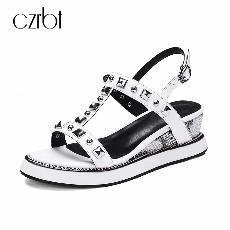 

CZRBT 2018 Summer Fashion Rivet Wedges Heels 5cm Platform Genuine Leather Shoes Women Sandals Back Strap Ladies Party Shoes