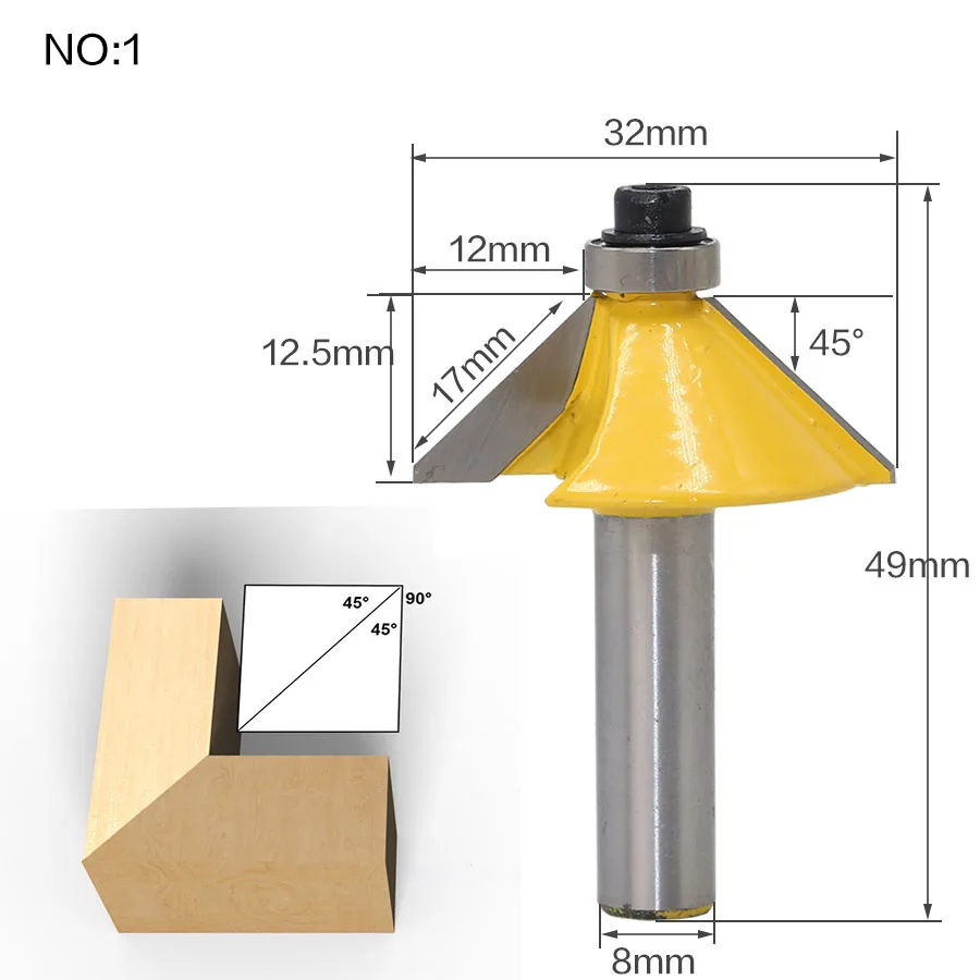 1 шт. 8 мм хвостовик профилирование кромок древесины маршрутизатор бит с подшипником 45 градусов Деревообработка обрезки Фрезерный резак древесины режущие инструменты - Длина режущей кромки: NO 1