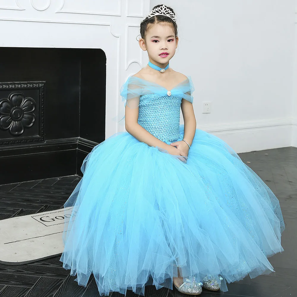 Блестящее голубое платье-пачка принцессы Золушки из фатина; элегантное платье Эльзы без рукавов для костюмированной вечеринки; платье для дня рождения; Vestido; одежда для малышей