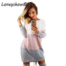 Loneyshow 2018 New Arrival Autumn Knitted Dress Women’s Loose Patchwork O Neck Dresses Lady Long Sleeve Dresses Female Vestidos