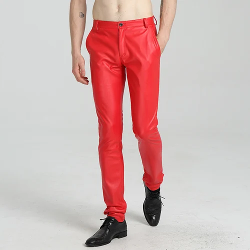 Мужские брюки из искусственной кожи PU материал черные обтягивающие брюки для фитнеса мотоциклетные кожаные Nigthclub брюки для мужчин - Цвет: Красный